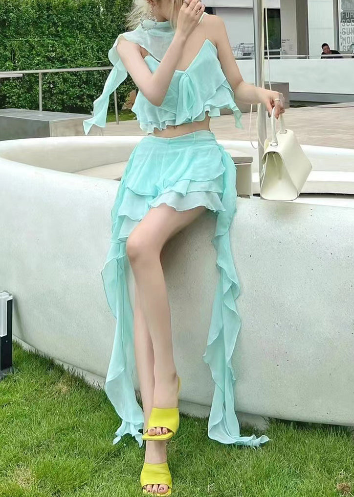 Novelty Light Blue V Neck Ruffled Chiffon Two Pieces Set Sleeveless EE1062