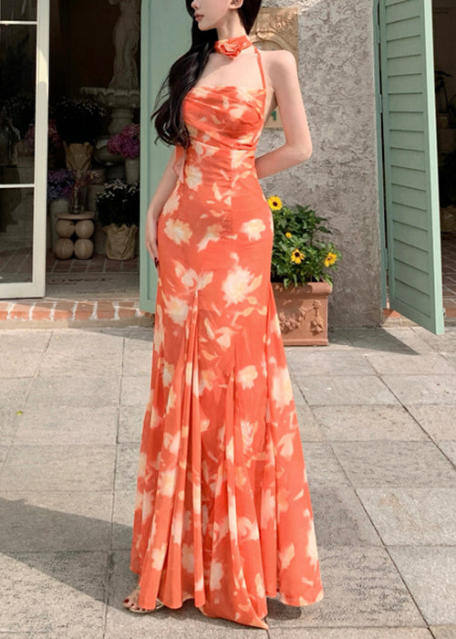 Ärmelloses Orange Schnürkleid Neuheit Print Langes Chiffon