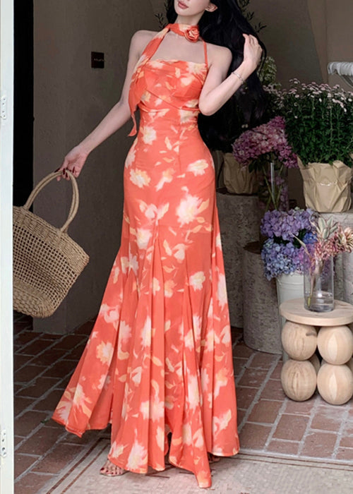 Ärmelloses Orange Schnürkleid Neuheit Print Langes Chiffon