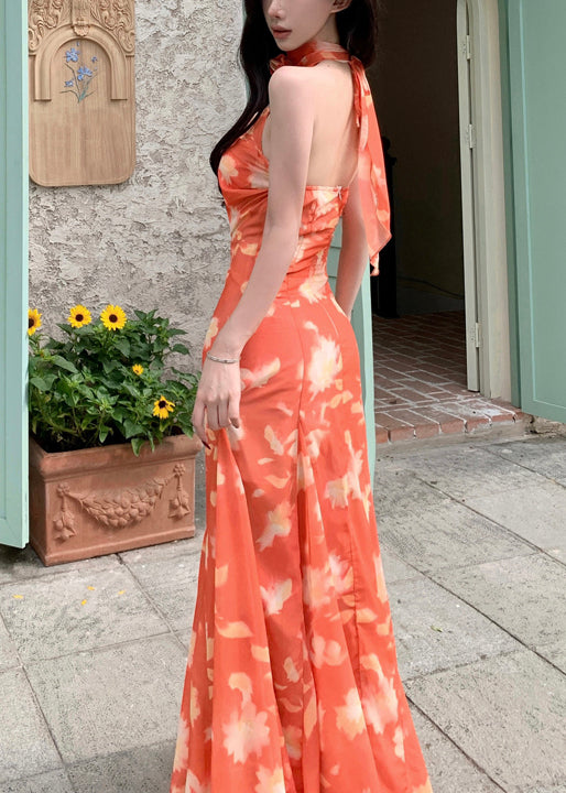 Ärmelloses Orange Schnürkleid Neuheit Print Langes Chiffon