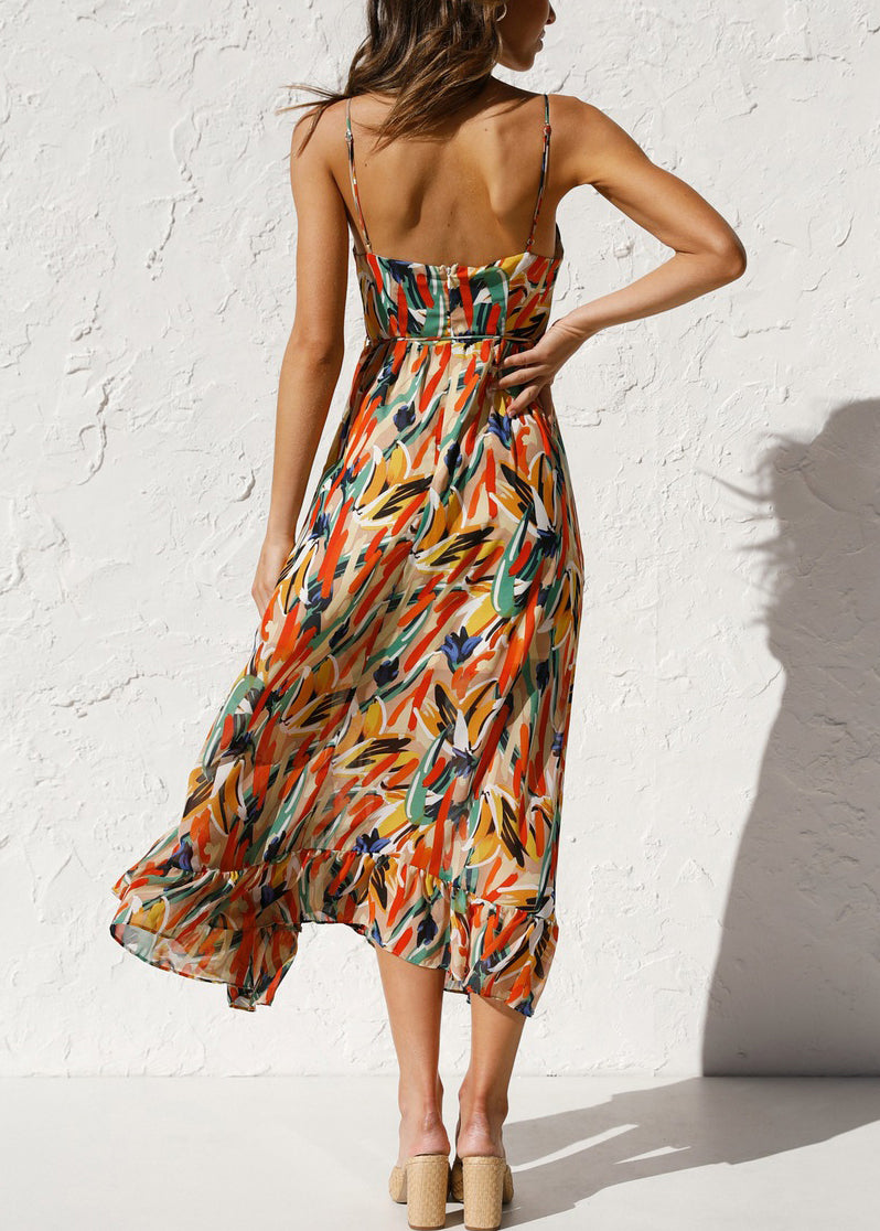 Robe fantaisie orange à volants et bretelles spaghetti en coton imprimé, sans manches, TL016