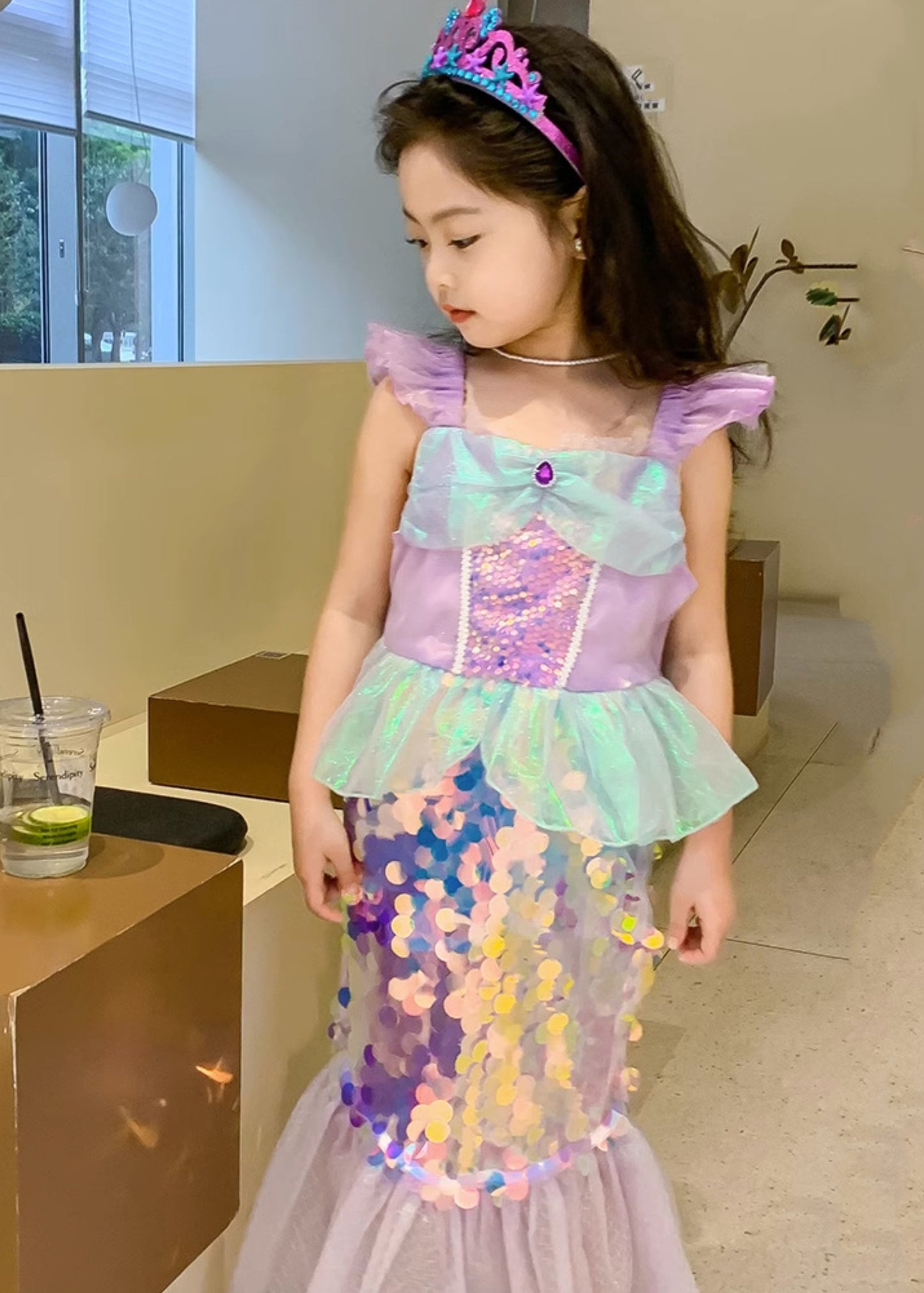 Robe longue sirène violette fantaisie à col carré et paillettes en tulle pour enfants, manches courtes, YE011