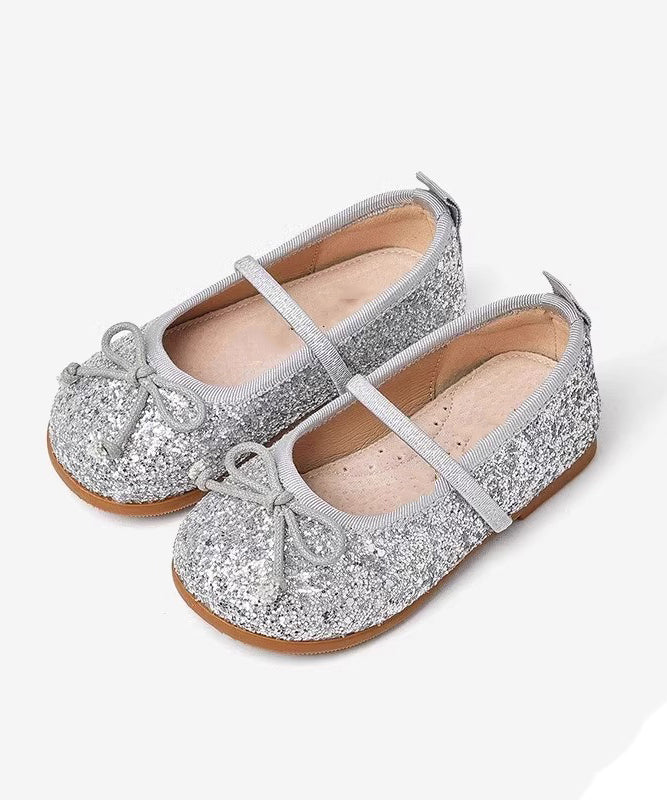 Chaussures plates argentées pour enfants, paillettes, cuir, sangle fantaisie, fausse boucle