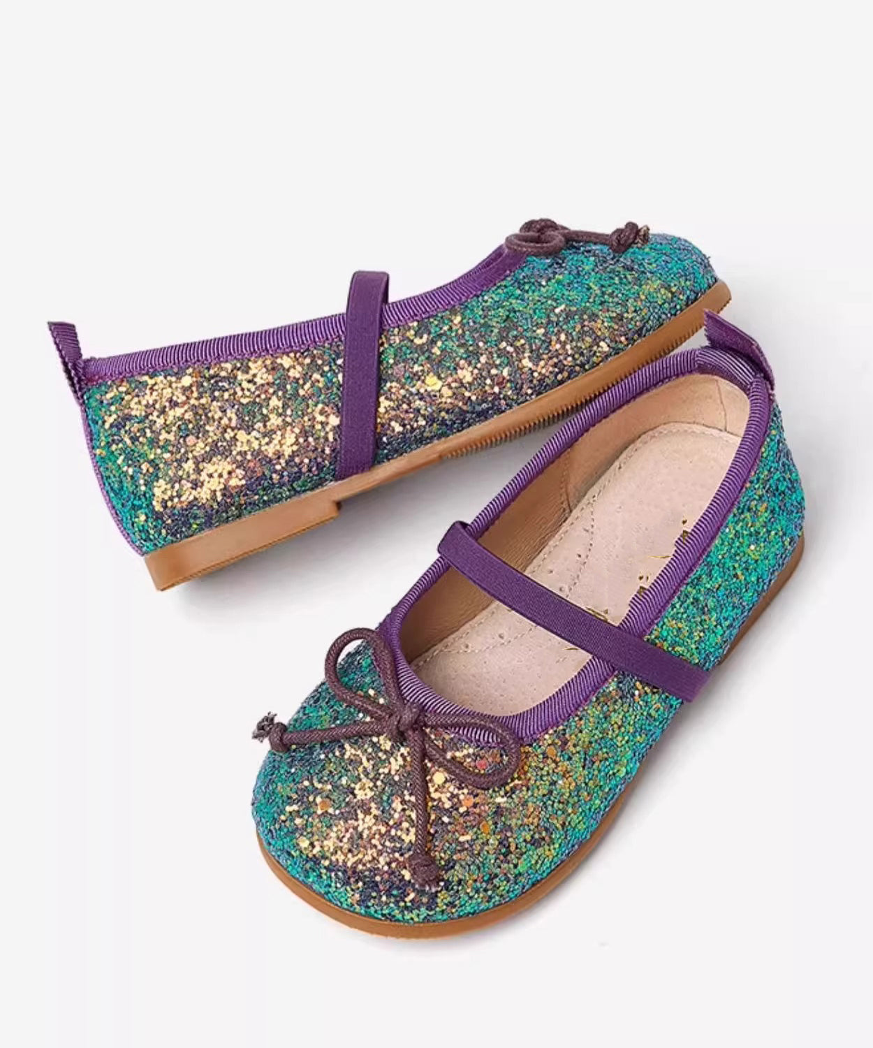 Chaussures plates argentées pour enfants, paillettes, cuir, sangle fantaisie, fausse boucle