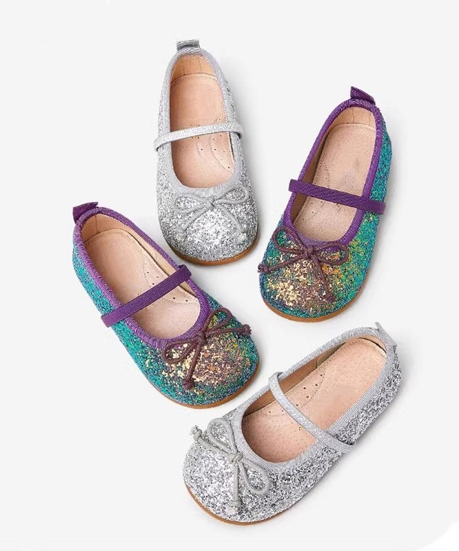 Chaussures plates argentées pour enfants, paillettes, cuir, sangle fantaisie, fausse boucle