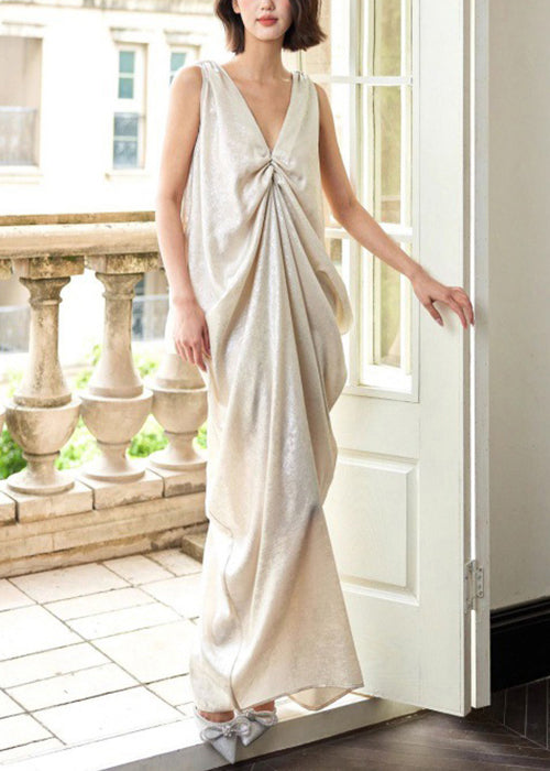 Neuartiges Kleid, ärmellos, Maxi-Ausschnitt, Taschen, knitterige Baumwolle, V