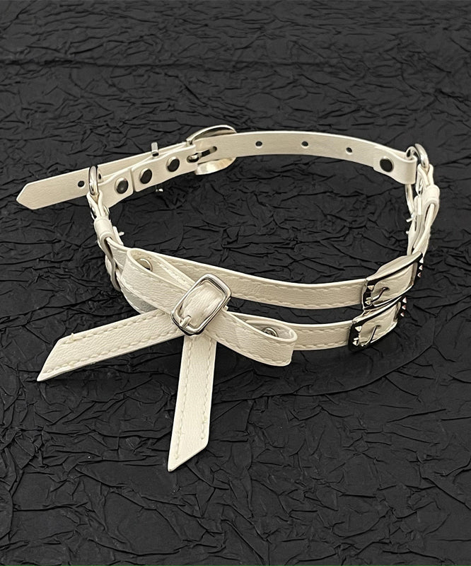 Neuheit Weißes Leder Patchwork Edelstahl Schleife Choker YR015