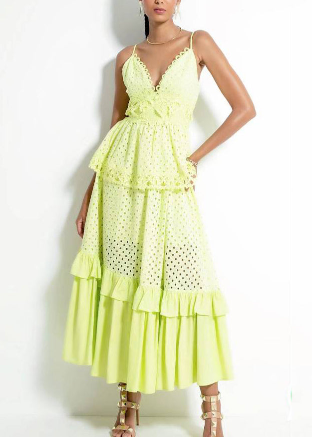 Novelty Yellow V Neck Hollow Out Cotton Spaghetti Strap Dress Sleeveless WW1053