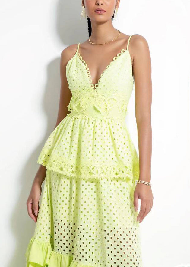 Novelty Yellow V Neck Hollow Out Cotton Spaghetti Strap Dress Sleeveless WW1053