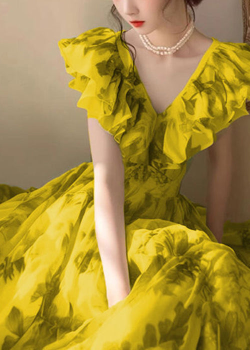 Neuartiges, ärmelloses Kleid mit V-Ausschnitt und hoher Taille in Gelb QT055