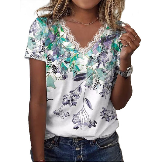 V Neck Loose Floral Casual T-Shirt  QR96