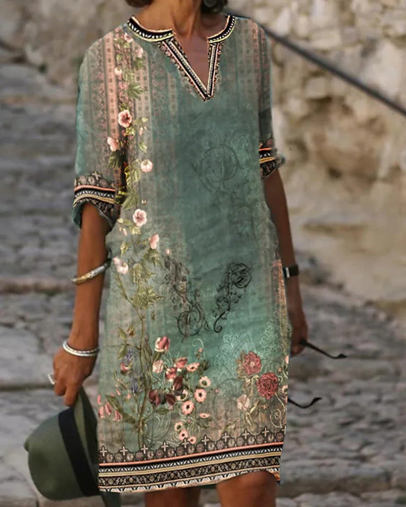Regular Fit Floral Crew Neck Vintage Dress QPQ68