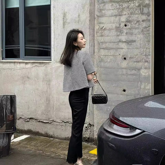 Französisch kariertes T-Shirt aus Baumwolle mit Rundhalsausschnitt, kurzärmelig, GH1006