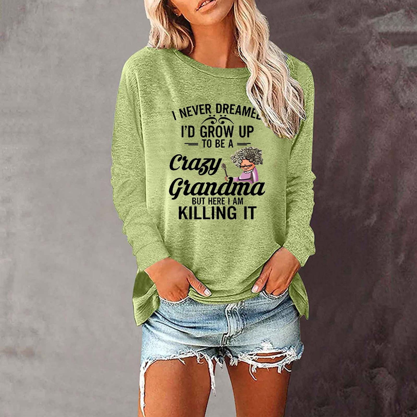 Lässiges Tunika-T-Shirt mit Buchstaben und langen Ärmeln AH648
