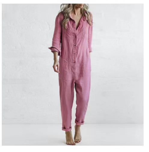 Light Gray 3/4 Sleeve Plain Casual Buttoned Jumpsuits AH231