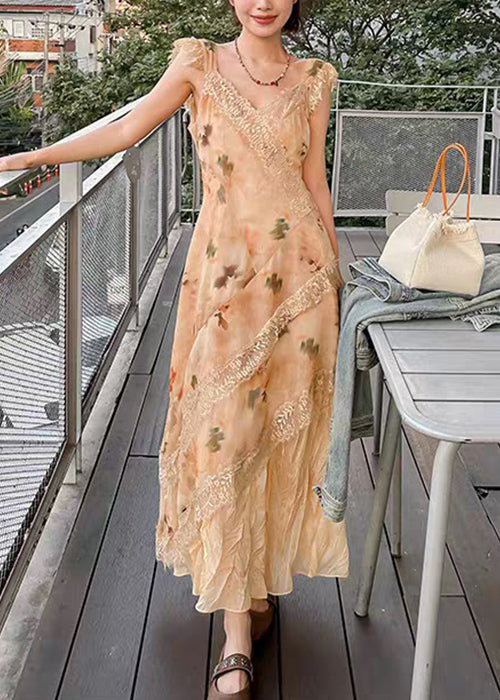 Dress Lace Orange Summer Print Neck Cotton Patchwork Long V