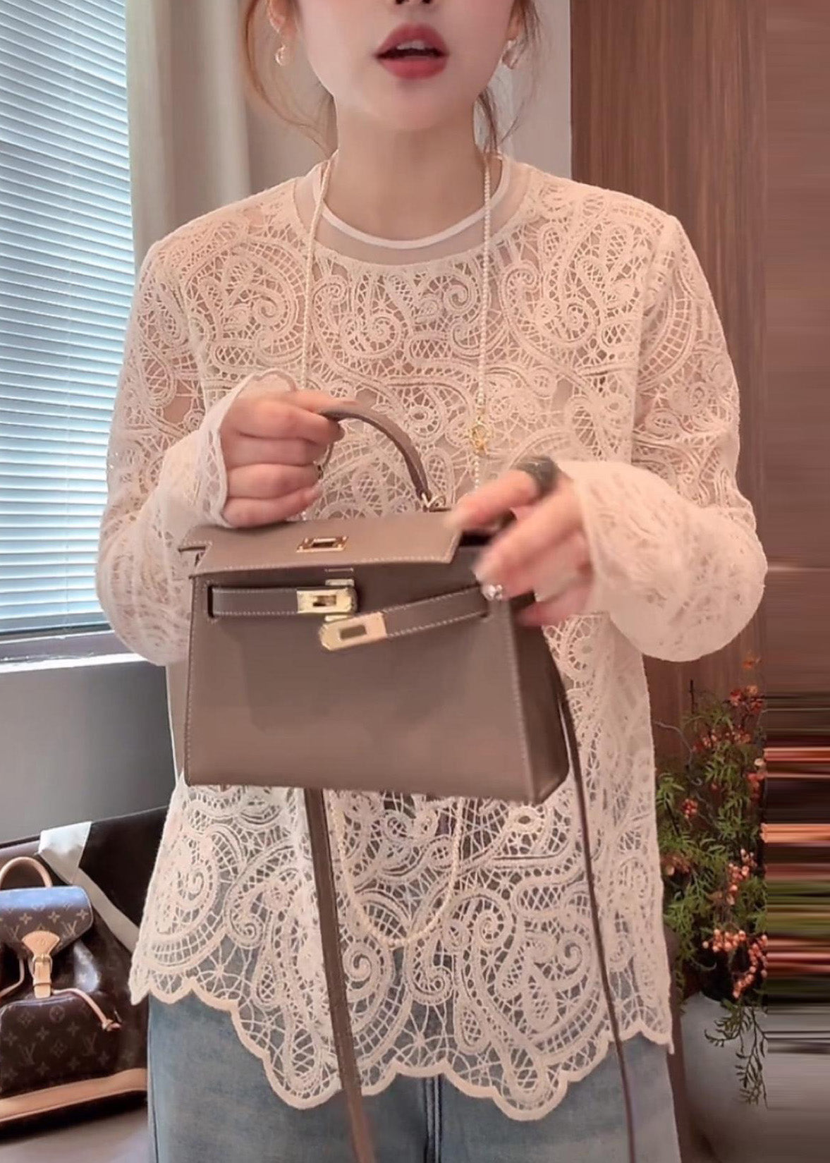 O-Ausschnitt Out Lace Hollow Beige Shirt T Frühling Bio