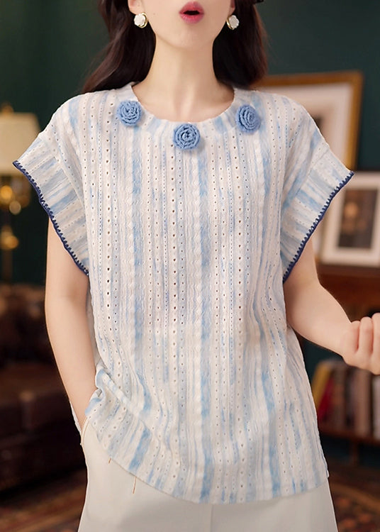 Organic Decorated Out Cotton Tanks Hollow Summer Blue Floral