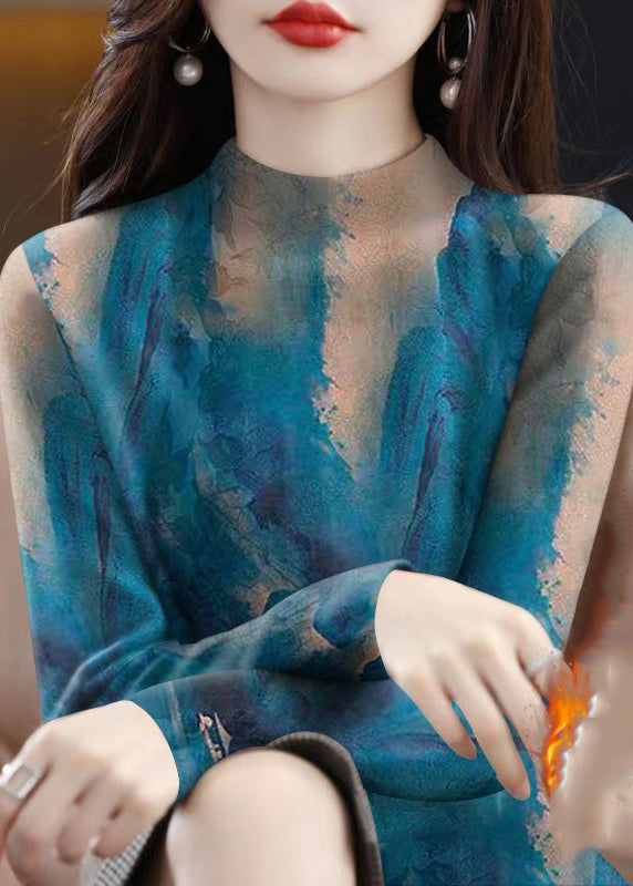 Haut chaud à col roulé bleu bio imprimé printemps TA003