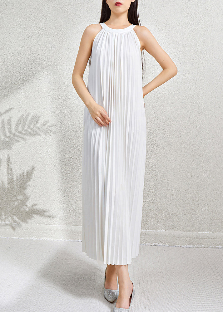 Grünes, faltiges Neckholderkleid mit langen Taschen, ärmellos, Bio