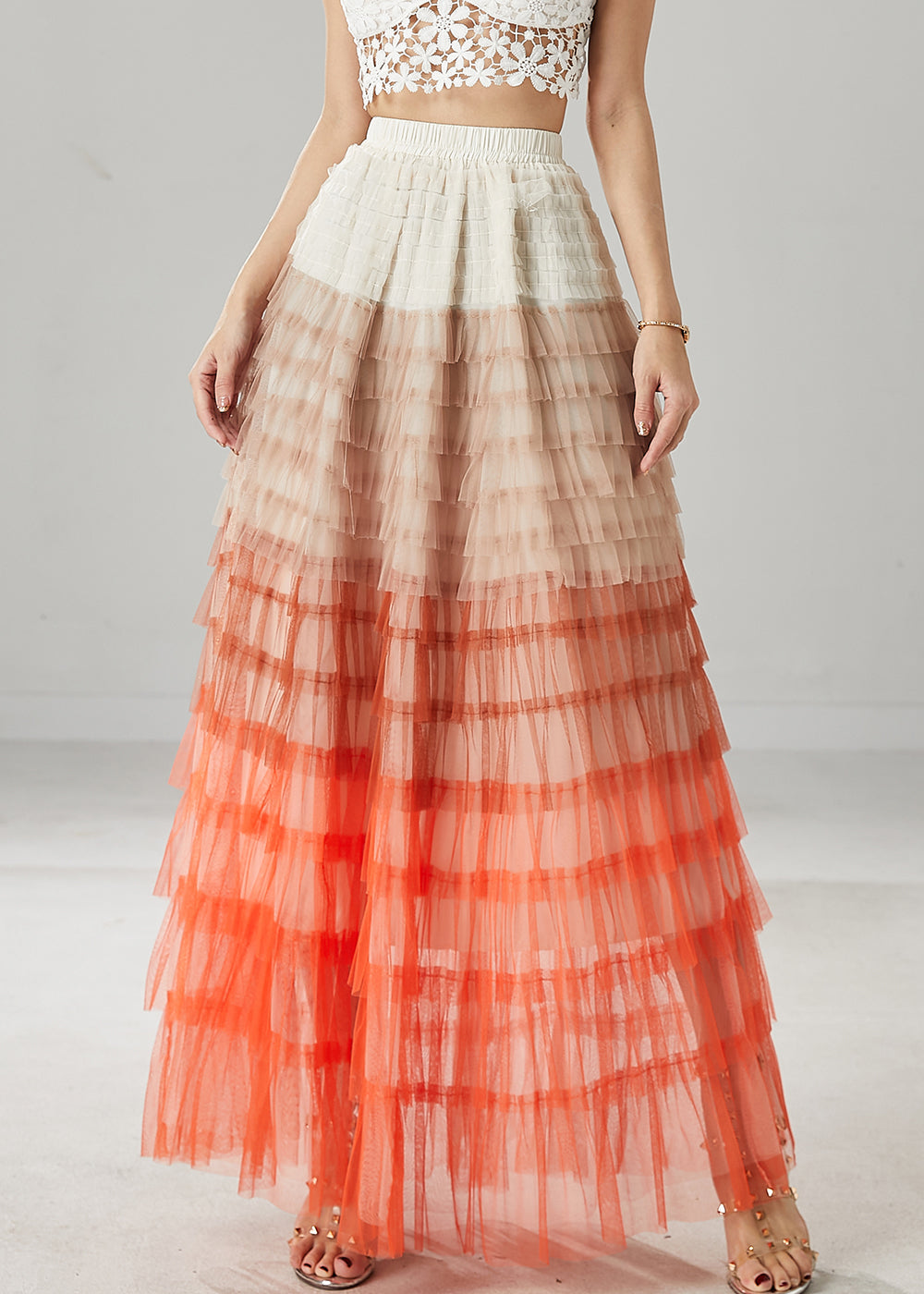 Jupes en tulle patchwork à volants orange bio été YU1027