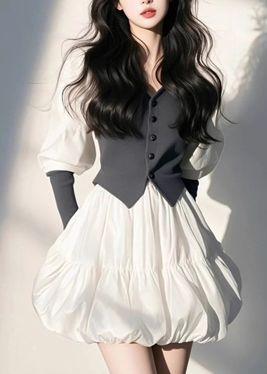 Ärmel Puff Bio Weiß Mid Button V Kleid Hals