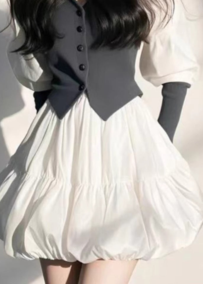 Ärmel Puff Bio Weiß Mid Button V Kleid Hals