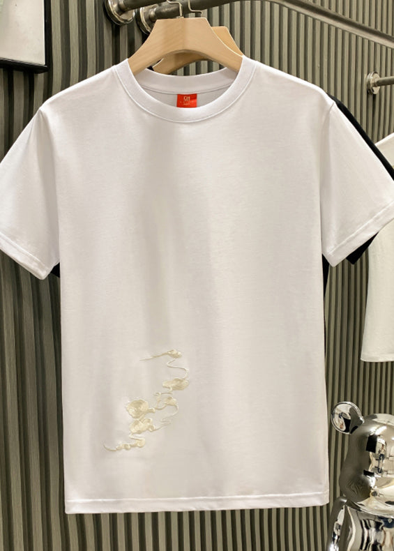 Mens Shirts Neck Oriental T O Summer Cotton Embroideried White
