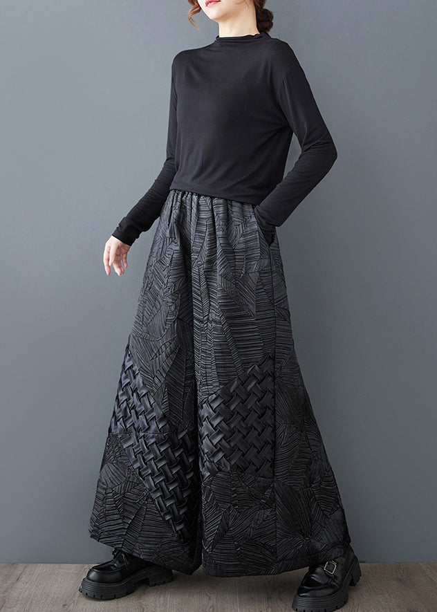 Pantalon d'été oversize en jacquard à jambe large, noir