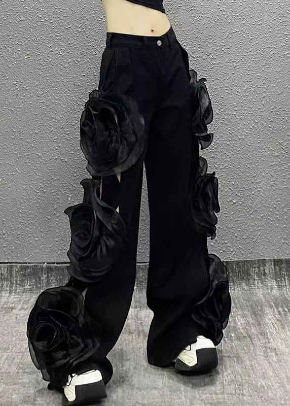 Original Design Blau Aushöhlen Floral Denim Breite Bein Hosen Herbst RI035