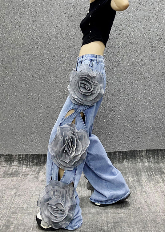 Original Design Blau Aushöhlen Floral Denim Breite Bein Hosen Herbst RI035