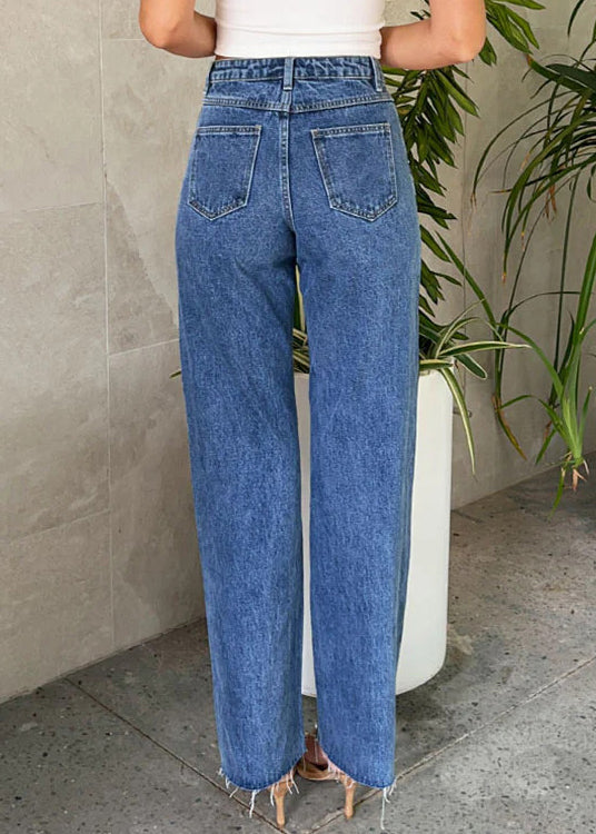 Pantalon à poches en denim bleu avec perles et clous, design original de printemps