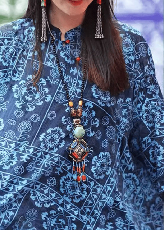 Original Design Blau Stehkragen Print Button Top Herbst UU023