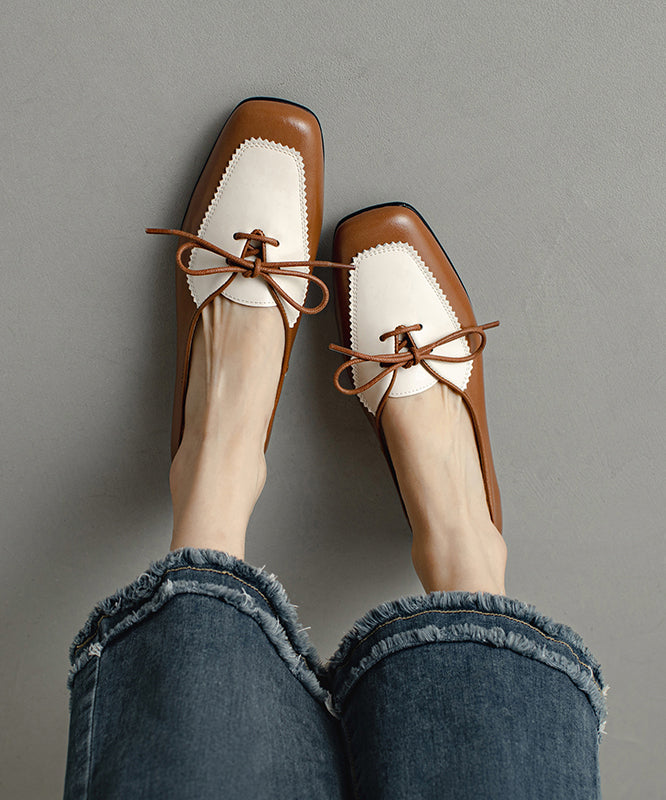 Original Cowhide Splicing Up Flats Leather Design Lace Brown
