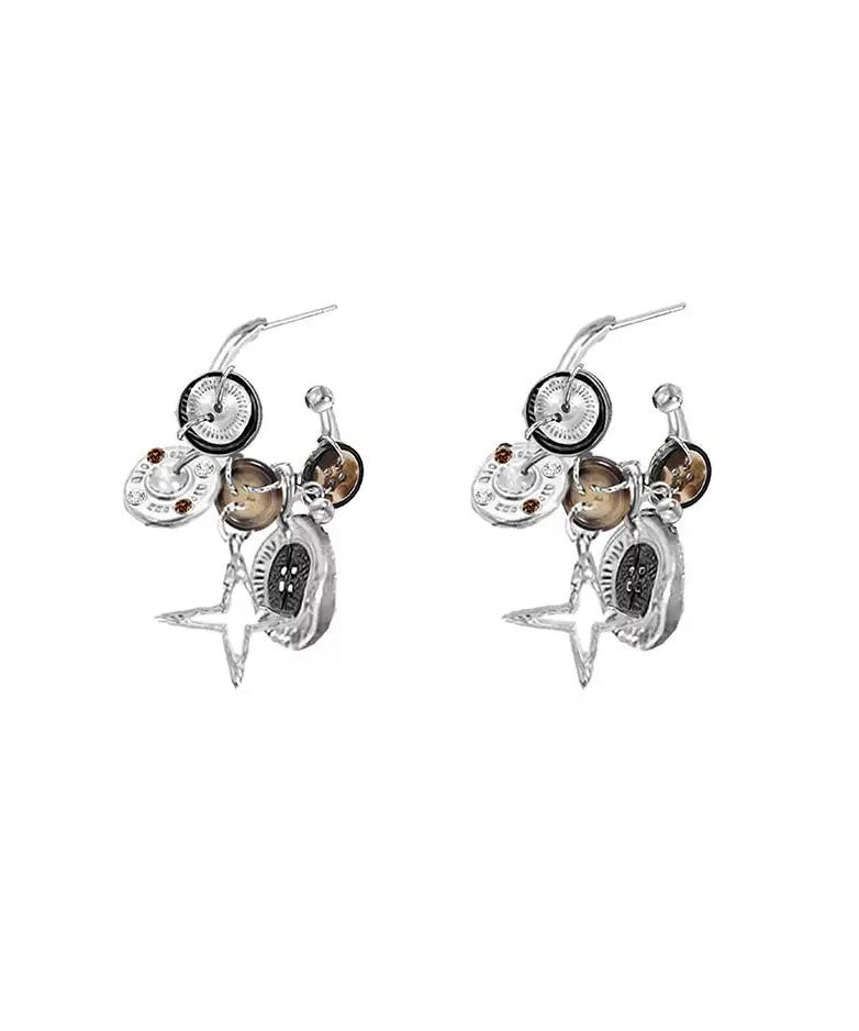 Hoop Earrings Metal Original Design Coffee Star Button