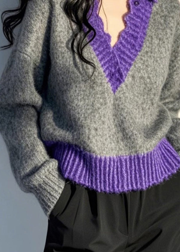 Original Design Grau V-Ausschnitt Patchwork Strickpullover Frühling TN043