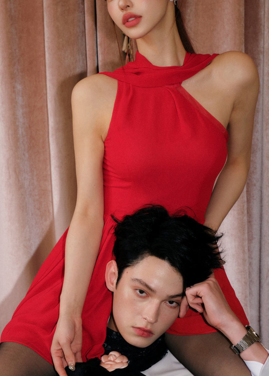 Kleid Chiffon Rot Falten Design Kalte Schulter Original