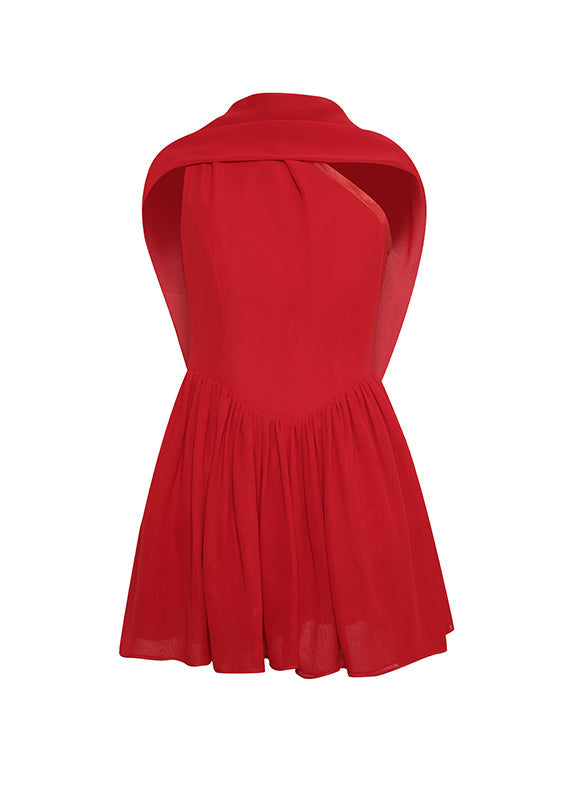 Kleid Chiffon Rot Falten Design Kalte Schulter Original