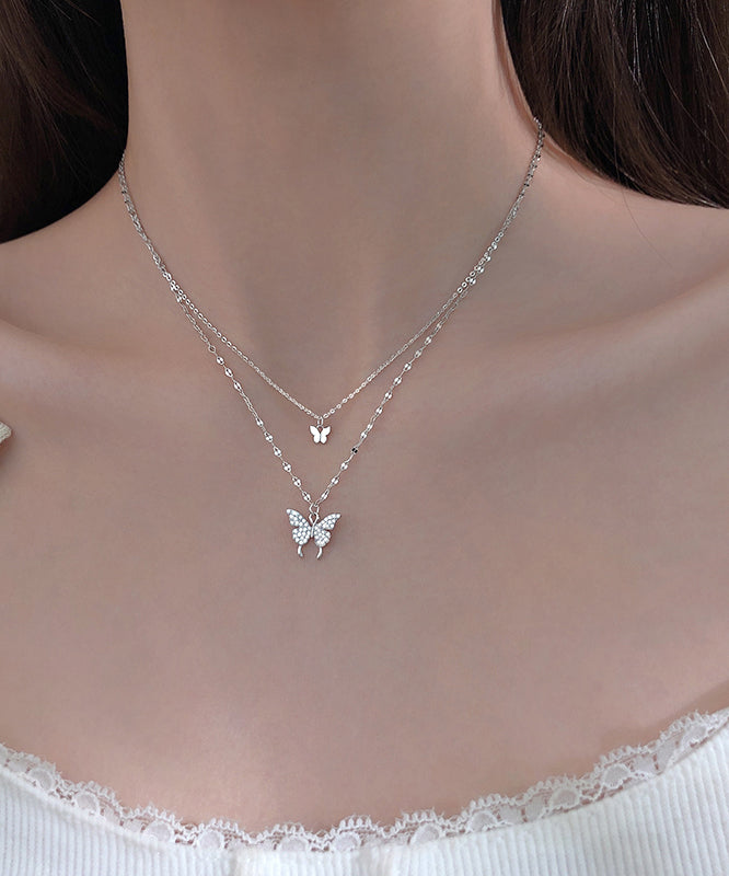 Collier pendentif papillon double couche en argent sterling et soie au design original ET015