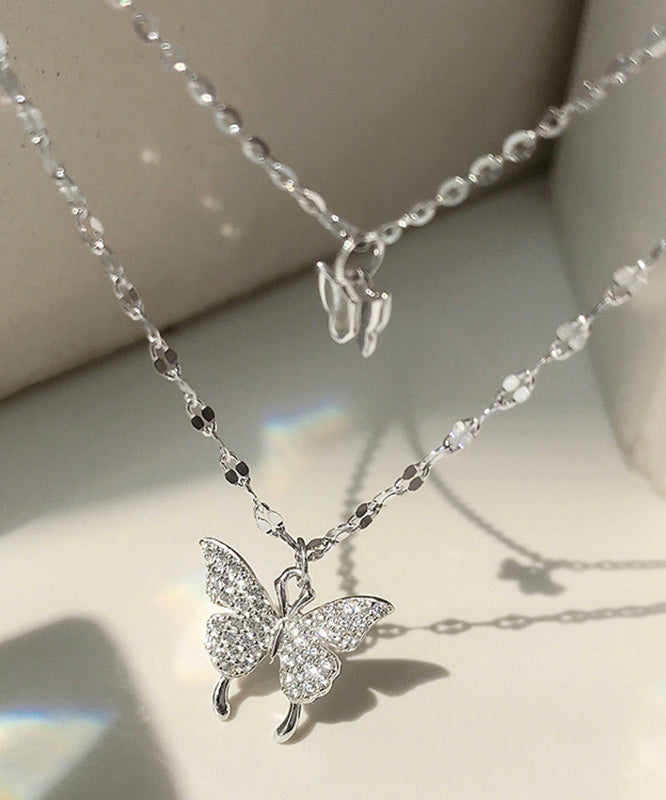 Collier pendentif papillon double couche en argent sterling et soie au design original ET015