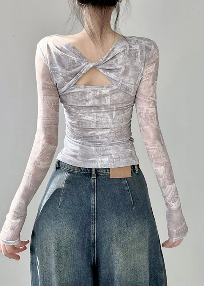 Original Design Twisted Gedruckt Tüll T Shirts Top Herbst AL1062