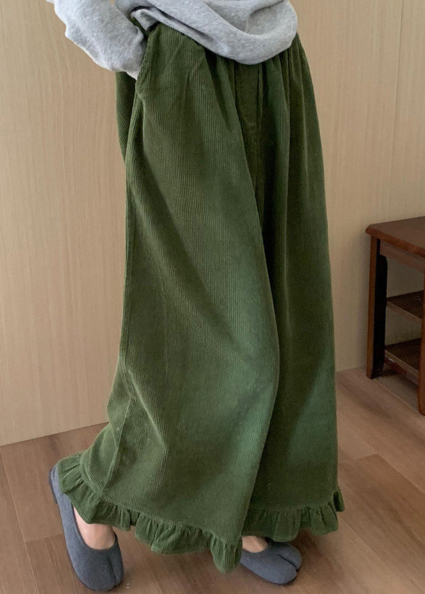 Original Grüne Patchwork-Cordhose mit weitem Bein und Rüschen, Winter RF010