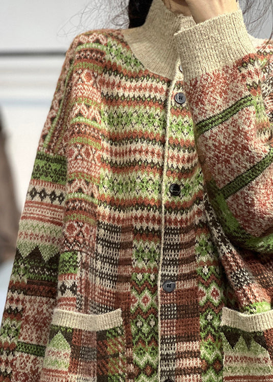 Original Khaki High Neck Print Taschen Strick Cardigans Frühling TZ047