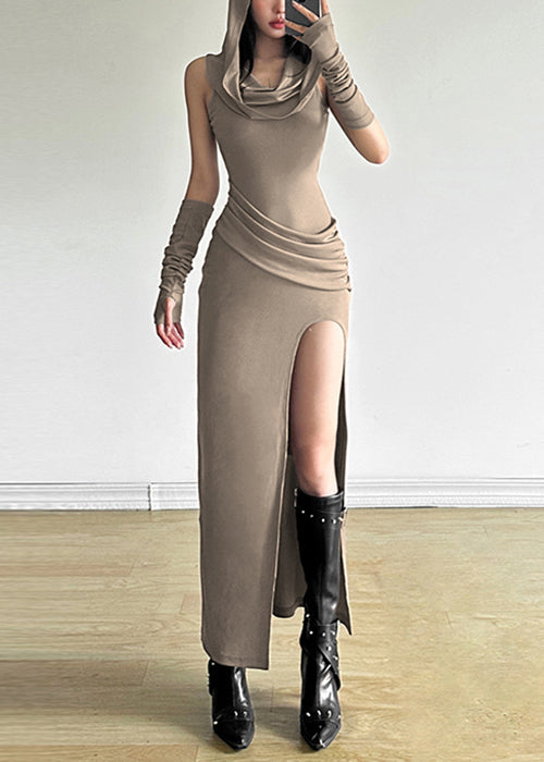 Open Summer Khaki Baumwolle Kapuzenkleid mit seitlichen Falten Original