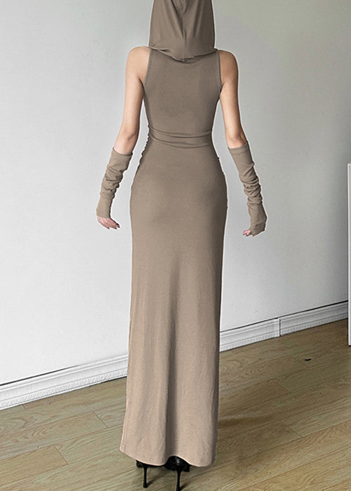 Open Summer Khaki Baumwolle Kapuzenkleid mit seitlichen Falten Original