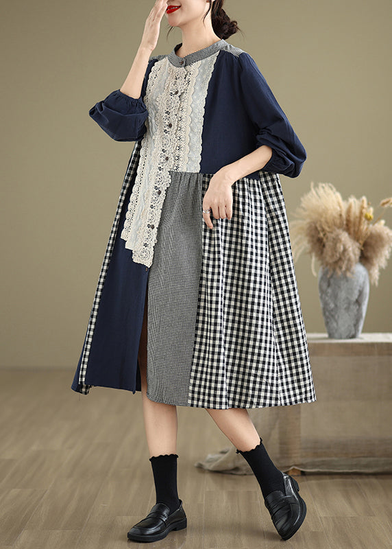 O-Ausschnitt Herbst Plaid Patchwork Original Kleider Lange Spitze