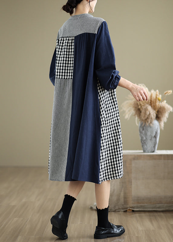O-Ausschnitt Herbst Plaid Patchwork Original Kleider Lange Spitze
