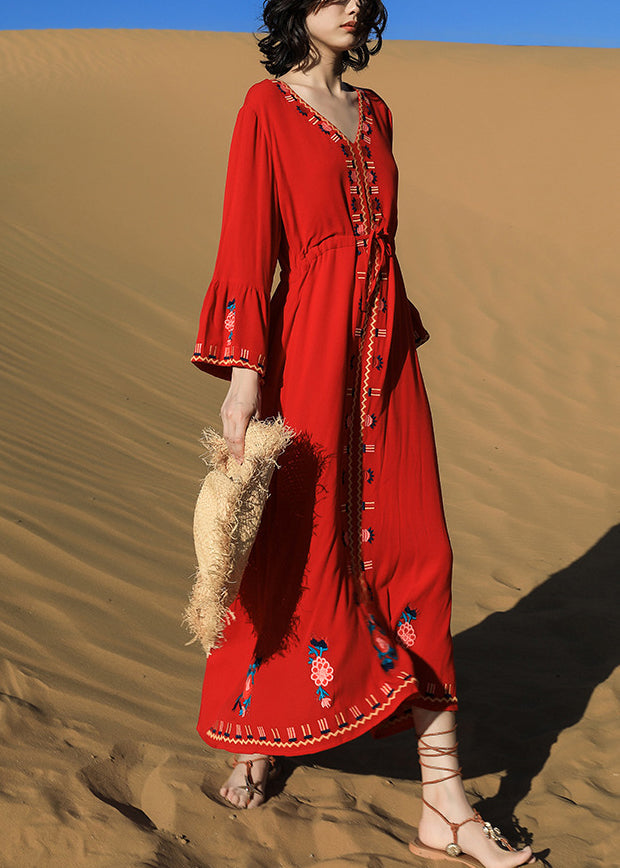 Original Red Embroidered Tie Waist Cotton Long Dresses Fall – Adorher