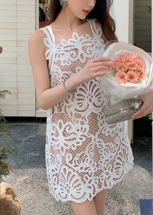 Weißes Kleid Out Ärmelloses Original Mid Hollow Lace