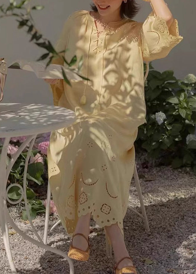 Cotton Lace Hollow Long Original Dresses Out Up Fall Yellow